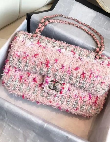 Chanel Classic Handbag Embroidered Tweed & Silver-Tone Metal A01112 pink