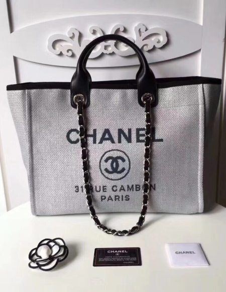 Chanel Original Canvas Leather Tote Shopping Bag 92298 grey