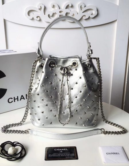 Chanel origianl Calf leather drawstring bag 3377 silver