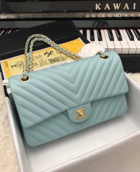 Chanel Classic original Sheepskin Leather Shoulder Bag 1112V Sky blue gold chain