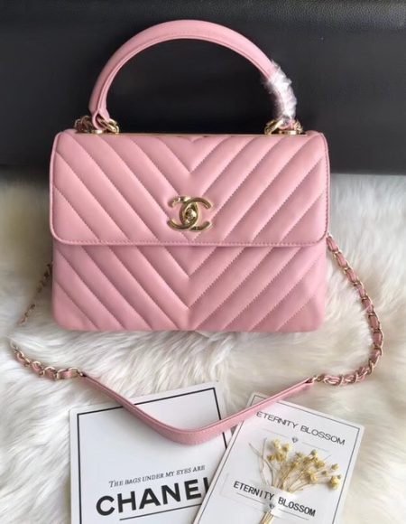 Chanel CC original lambskin top handle flap bag A92236V pink Gold Buckle