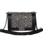 Chanel Boy 2014 Flap Shoulder Bag in Black Sheepskin Leather A63577 Silver