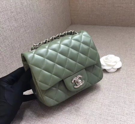 Chanel Classic MINI Flap Bag original Sheepskin Leather A1115 green silver chain