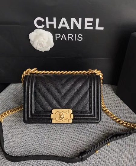 Chanel Le Boy Flap Shoulder Bag Original Caviar Leather P67085 black Gold Buckle
