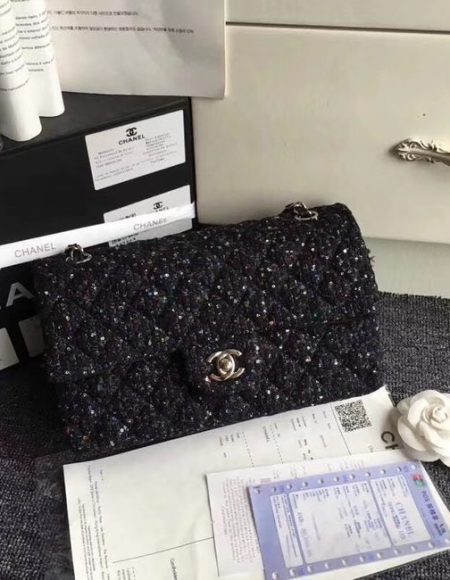 Chanel Classic Handbag Embroidered Tweed & Silver-Tone Metal A01112 Black