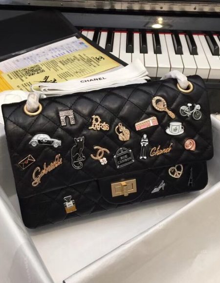 Chanel 2.55 Handbag Aged Calfskin Charms & Gold-Tone Metal B37586 Black