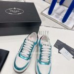 PRADA DOWNTOWN LEATHER SNEAKERS WHITE/SKY BLUE 2EE364