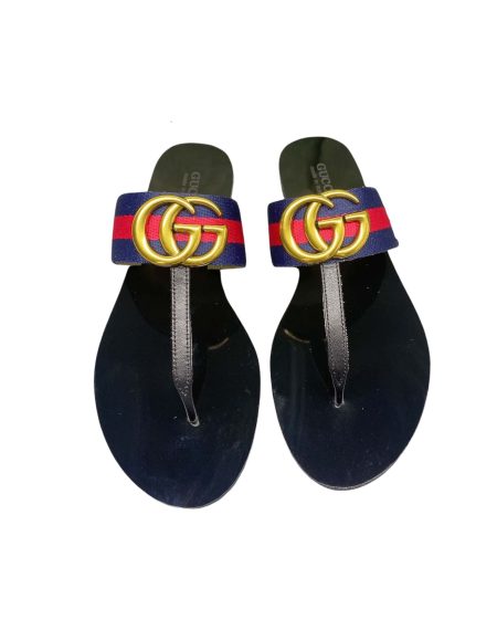 GUCCI LEATHER THONG SANDAL WITH DOUBLE G BLUE AND RED 497444