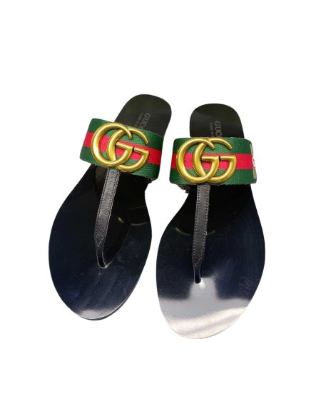GUCCI LEATHER THONG SANDAL WITH DOUBLE G GREEN AND RED 497444