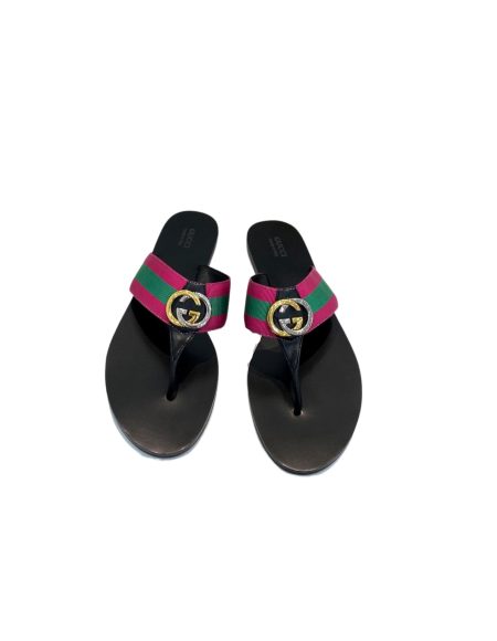 GUCCI LEATHER THONG SANDAL WITH DOUBLE G PINK AND GREEN 497444