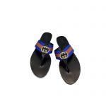 GUCCI LEATHER THONG SANDAL WITH DOUBLE G BROWN AND BLUE 497444