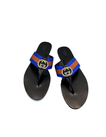 GUCCI LEATHER THONG SANDAL WITH DOUBLE G BROWN AND BLUE 497444