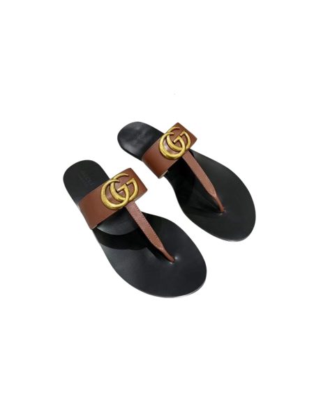 GUCCI LEATHER THONG SANDAL WITH DOUBLE G BROWN 497444