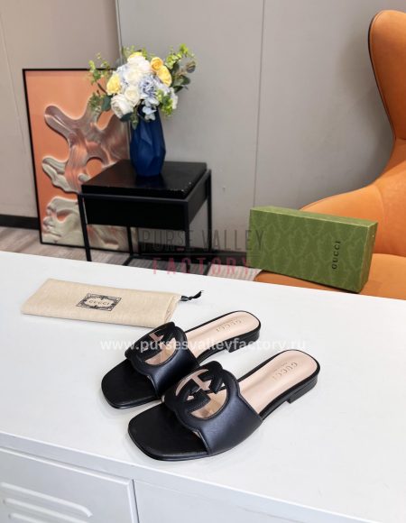 GUCCI INTERLOCKING G CUT-OUT SLIDE SANDAL BLACK 694451