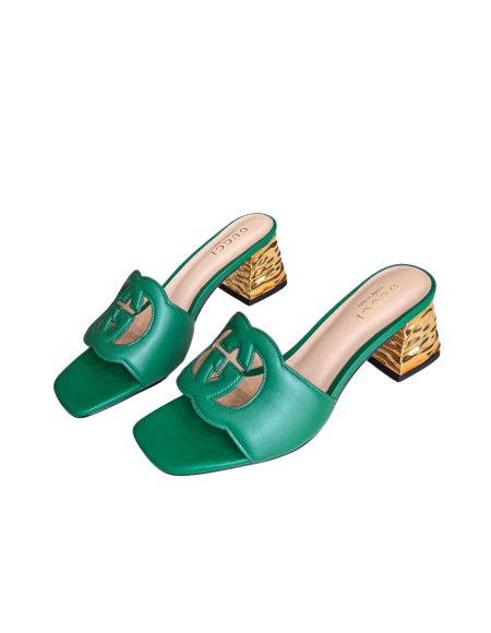 GUCCI INTERLOCKING G CUT-OUT HEELED SLIDE SANDAL GREEN 694451