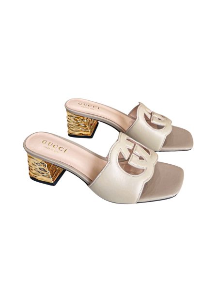 GUCCI INTERLOCKING G CUT-OUT HEELED SLIDE SANDAL LIGHT BEIGE 694451