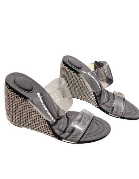 ALEXANDER WANG DAHLIA RHINESTONE LOGO WEDGE SANDAL BLACK 30322S008001
