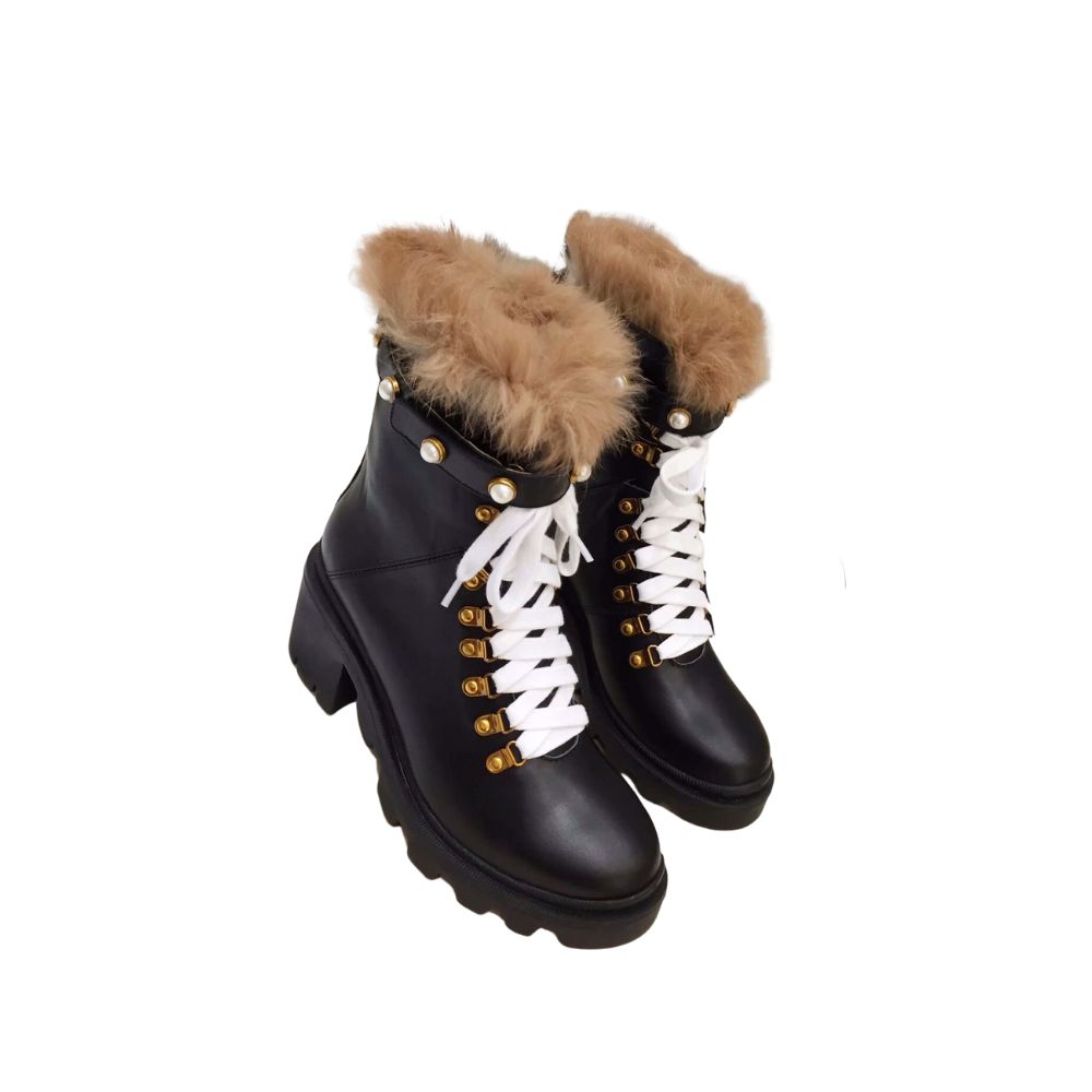 GUCCI COMBAT BOOTS WITH FUR BLACK AND BEIGE 718386