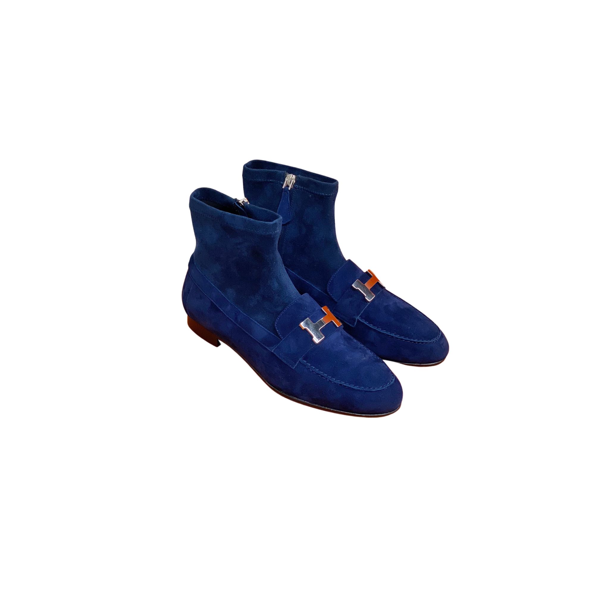HERMES STRETCH VELVET SAINT HONORE ANKLE BOOTS BLUE H222064Z